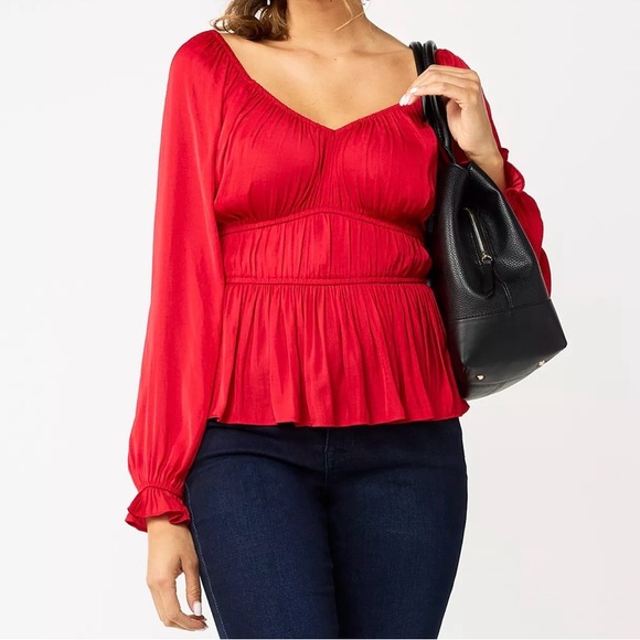 Nine West Tops - NINE WEST Size Medium Red and Pink Peplum Long Sleeve Sweetheart Neckline Blouse